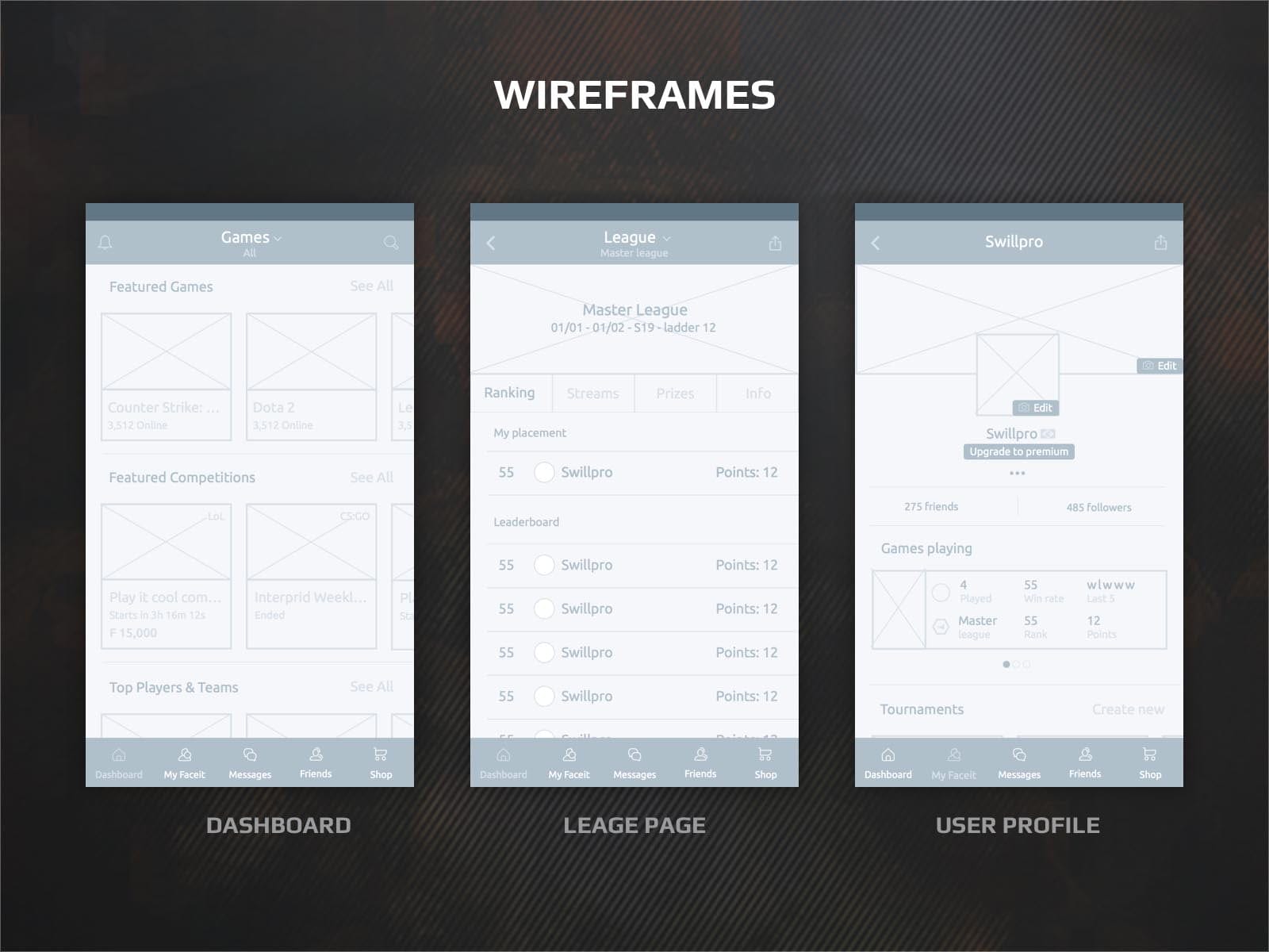 faceit app wireframes layout design
