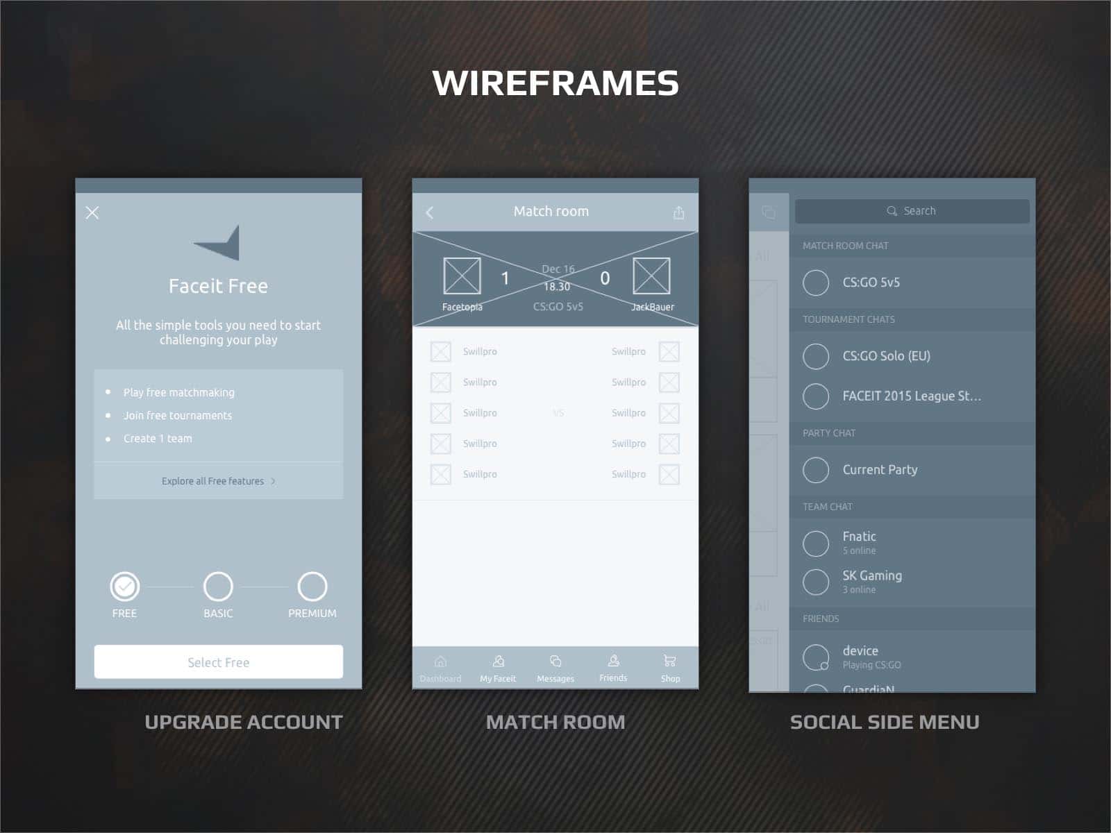 faceit app wireframes ux design and interactions